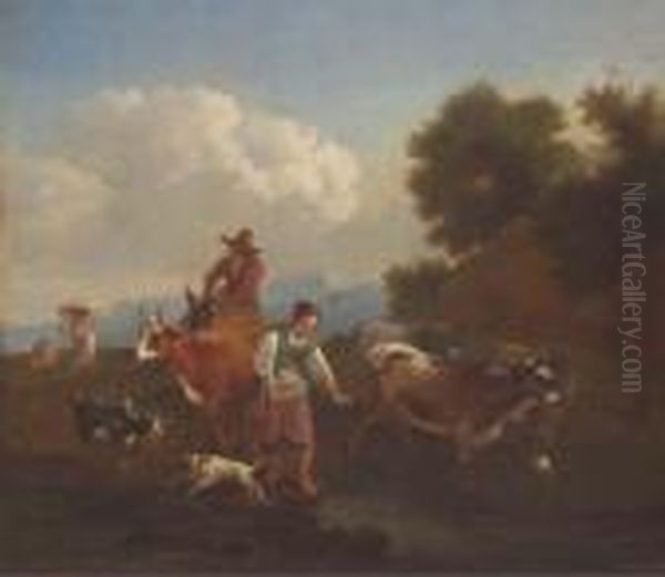 Paysans Et Leur Troupeau Traversant Un Gue Oil Painting by Nicolaes Berchem