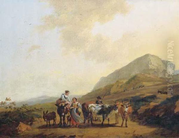 An Italianate Landscape With Two Women And A Shepherd And Hiscattle Oil Painting by Nicolaes Berchem