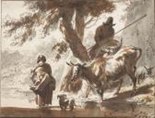 Vaches Traversant Un Gue Avec Un Couple Et Un Chien Oil Painting by Nicolaes Berchem