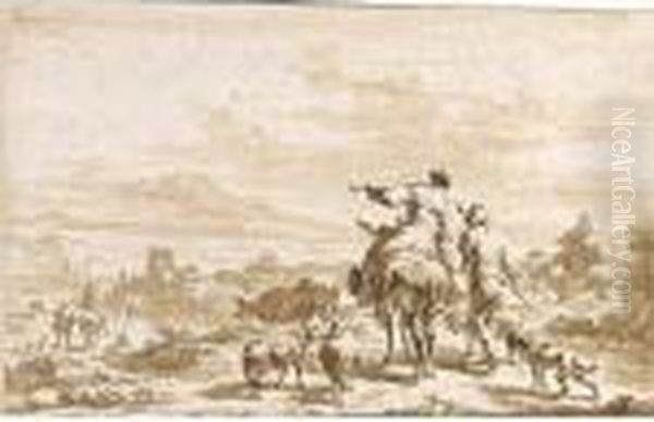 Panoramic Landscape With Peasants And Their Animals In The Foreground Oil Painting by Nicolaes Berchem