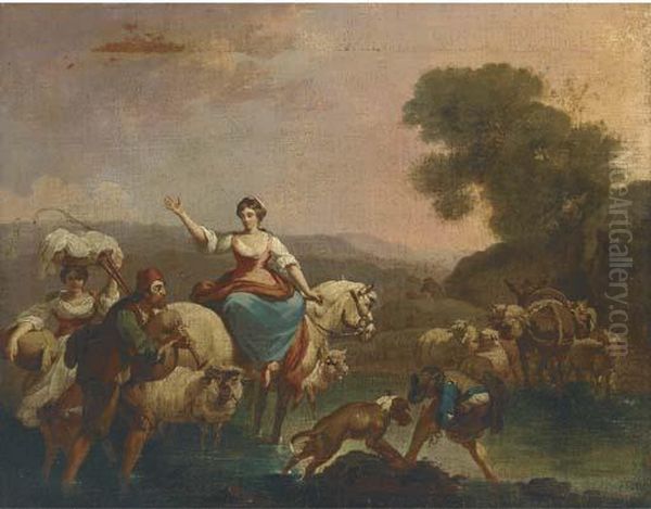 An Italianate River Landscape With A Shepherd And His Flock And Travellers Oil Painting by Nicolaes Berchem