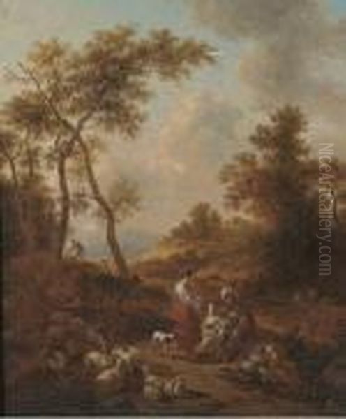 An Italianate Landscape With Jacob, Leah And Rachel Oil Painting by Nicolaes Berchem