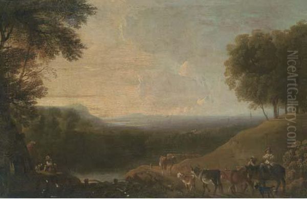 A Wooded River Landscape With A Drover And Cattle On A Track Oil Painting by Nicolaes Berchem