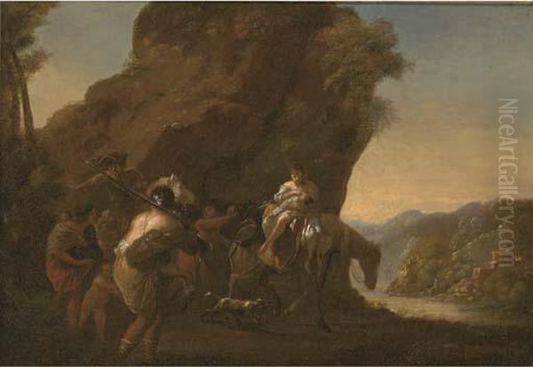 A Rocky River Landscape With Travellers In The Foreground Oil Painting by Nicolaes Berchem