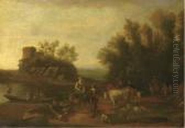 An Italianate Landscape With Travellers And Their Flocks On Apath Oil Painting by Nicolaes Berchem