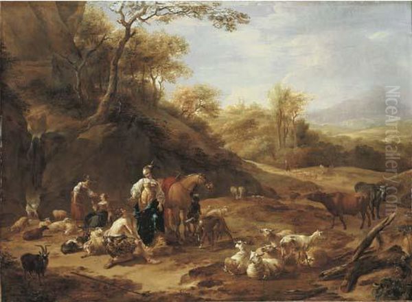 An Extensive Wooded Landscape Oil Painting by Nicolaes Berchem