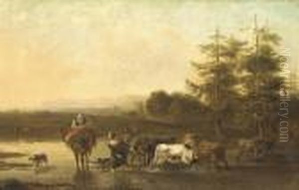 An Italianate Landscape With Drovers Fording A River Oil Painting by Nicolaes Berchem