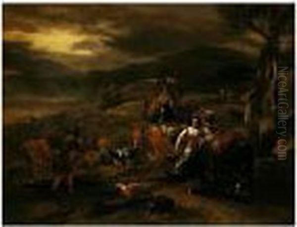 A Rocky Landscape At Sunset With Drovers And Cattle Oil Painting by Nicolaes Berchem