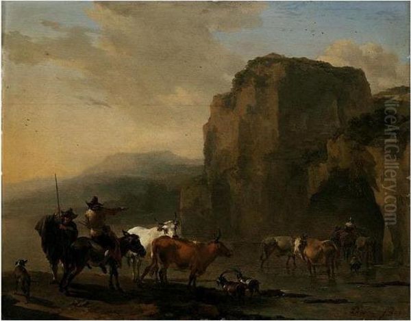 An Italianate Landscape With Herders, Cattle And Goats Fording A River Oil Painting by Nicolaes Berchem