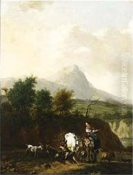 A Mountainous Landscape With Shepherds And Their Herd Resting Oil Painting by Nicolaes Berchem