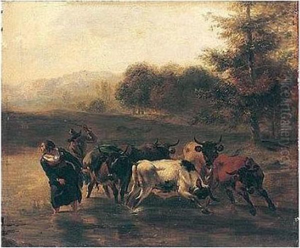 A Herder And Maid Driving Cattle Across A River Oil Painting by Nicolaes Berchem