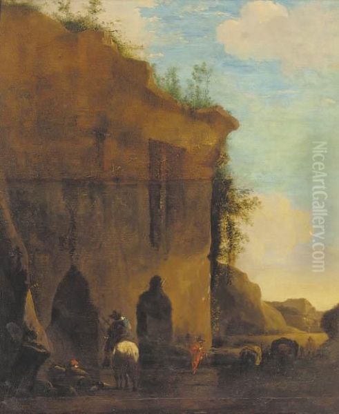 Travellers By A Ruin Oil Painting by Nicolaes Berchem