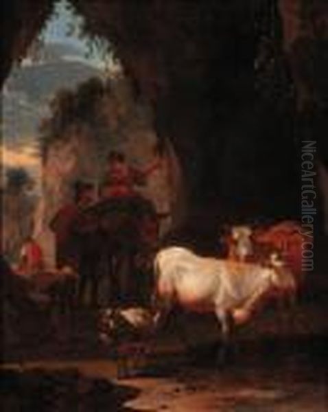 Peasants With Cattle On A Rocky Pass Oil Painting by Nicolaes Berchem