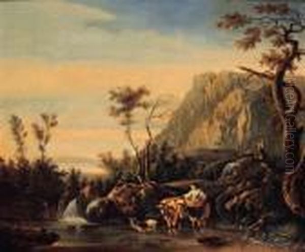 A Shepherdess And Her Cattle Fording A River By A Waterfall In An Italianate Landscape Oil Painting by Nicolaes Berchem