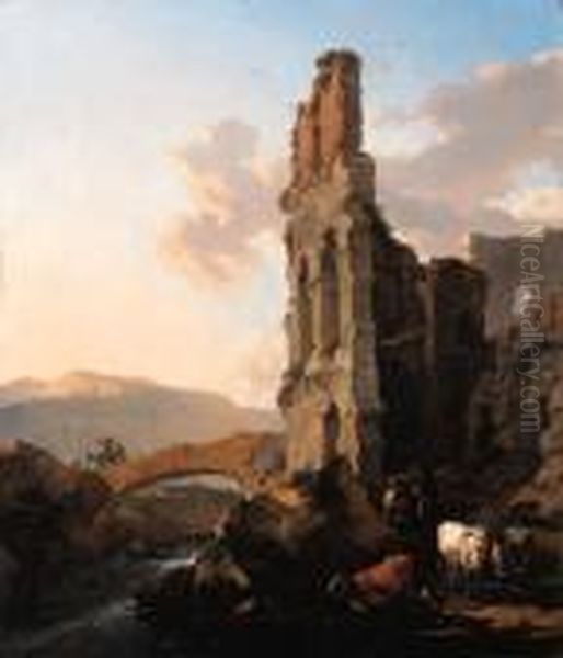 An Italianate River Landscape 
With Herdsmen By The Ruins Of Anamphitheatre, And Peasants Crossing A 
Bridge Oil Painting by Nicolaes Berchem