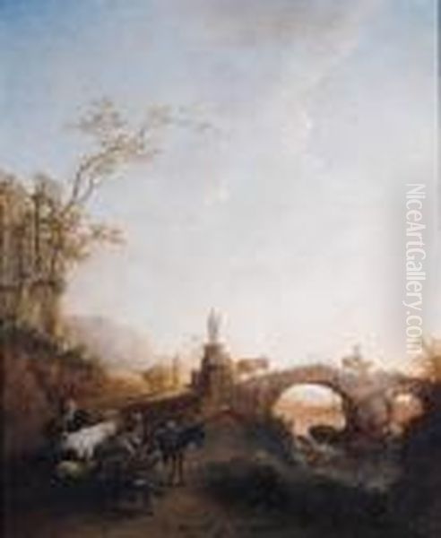 Drivers Returning From Market On A Track By A Bridge, In Anitalianate Landscape Oil Painting by Nicolaes Berchem