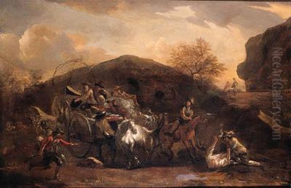 Travellers On A Wagon Ambushed On A Mountain Pass Oil Painting by Nicolaes Berchem