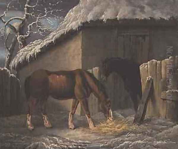 A Winter landscape with two horses feeding outside a stable Oil Painting by Thomas Hand