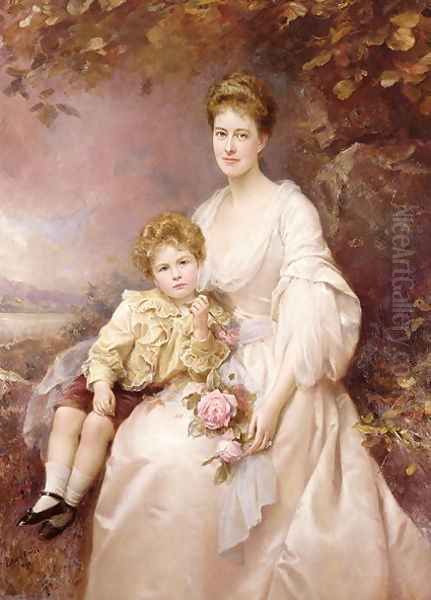 Portrait of Laura Gwendolen Gascoigne and her son Alvary Oil Painting by Edward Hughes