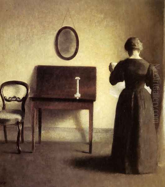 A Lady Reading In An Interior Oil Painting by Vilhelm Hammershoi