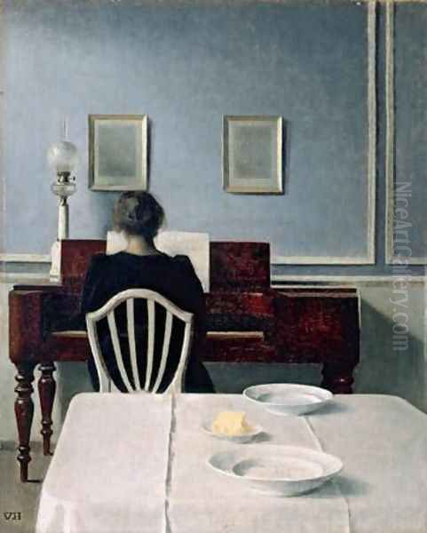 Interior with Woman at Piano Oil Painting by Vilhelm Hammershoi