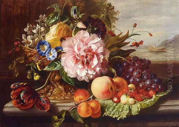 A Still Life With Flowers And Fruit Oil Painting by Helen Augusta Hamburger