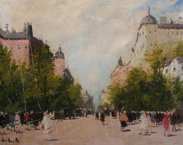 Street Scene Oil Painting by Antal Berkes