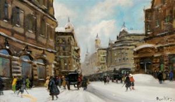 Winter Street Scene Oil Painting by Antal Berkes