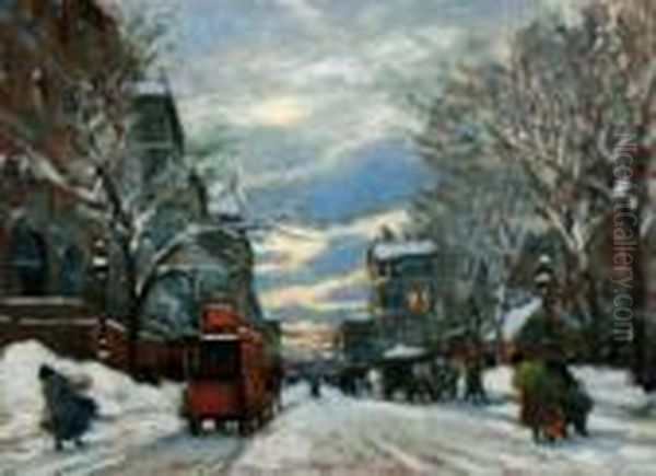 Winters Straatbeeld Bij Avond Oil Painting by Antal Berkes