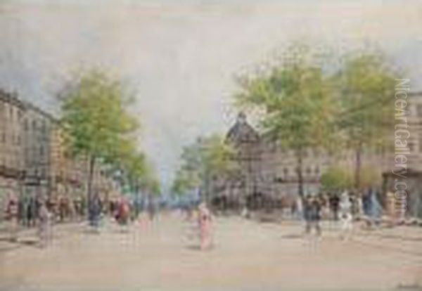 Paris, Les Grands Boulevards Animes Oil Painting by Antal Berkes