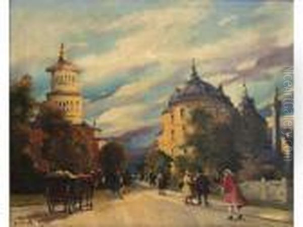 Boulevard A Budapest. Circa 1910-1920 Oil Painting by Antal Berkes