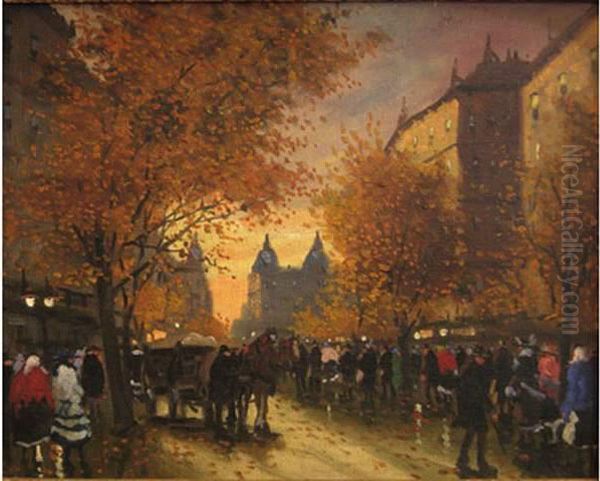 Rue Animee A Budapest. Circa 1910-1920 Oil Painting by Antal Berkes