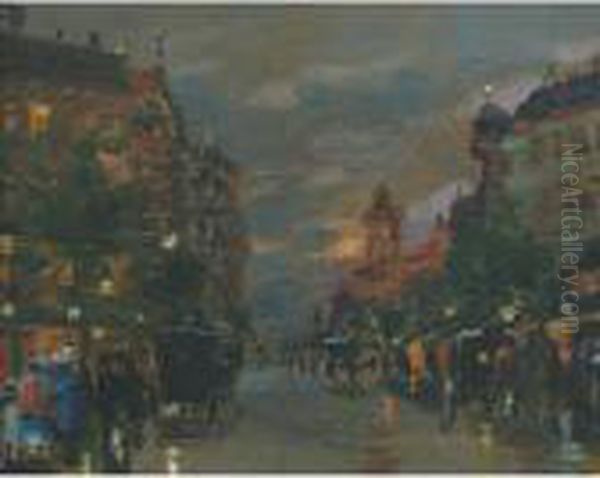 Busy Street Scene At Night, Budapest Oil Painting by Antal Berkes