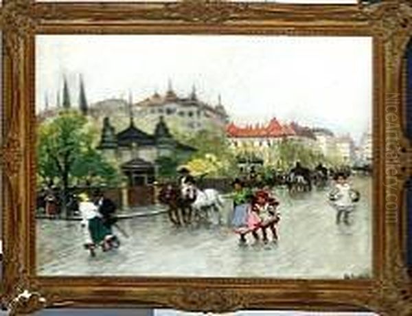 A Street Life, Probably In Hungary Oil Painting by Antal Berkes