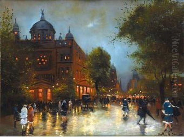 Animation Dans Les Rues De Paris, La Nuit. Oil Painting by Antal Berkes