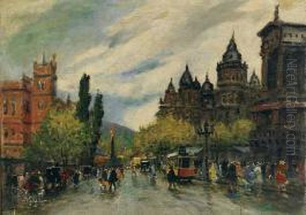 A Busy Boulevard, Budapest Oil Painting by Antal Berkes