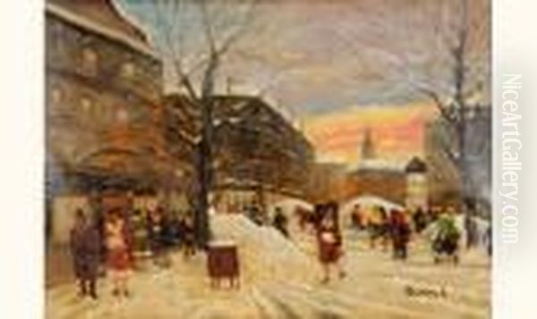 Rue Animee Sous La Neige Oil Painting by Antal Berkes