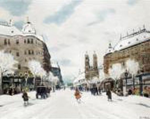 Scene De Rue En Hiver Oil Painting by Antal Berkes