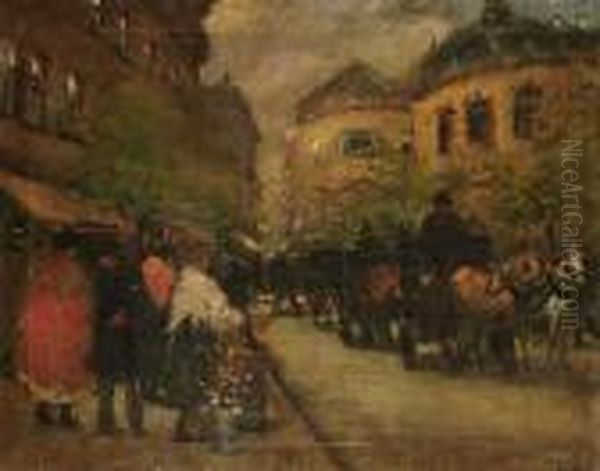 A Busy Continental Street Scene Oil Painting by Antal Berkes