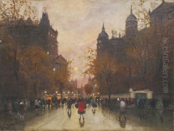 Les Grands Boulevards Le Soir Oil Painting by Antal Berkes