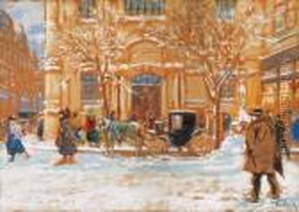 Snow-covered Street With A Horse-cab Oil Painting by Antal Berkes