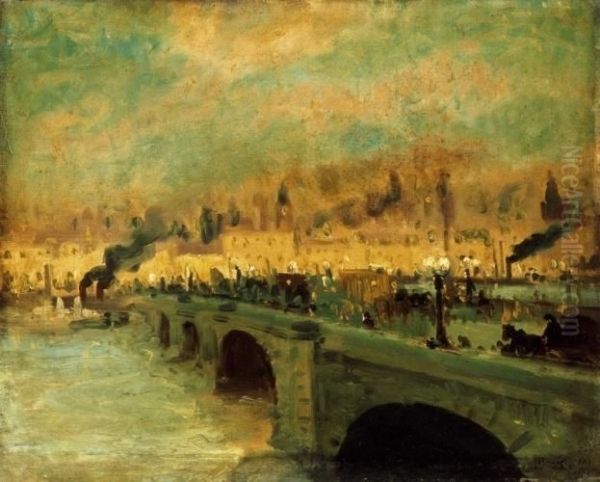 The Banks Of The Seine In Paris By Lamplight Oil Painting by Antal Berkes