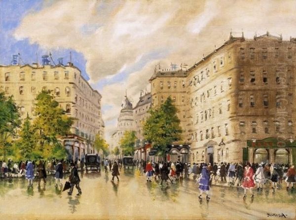 Street Of Nagybanya Oil Painting by Antal Berkes