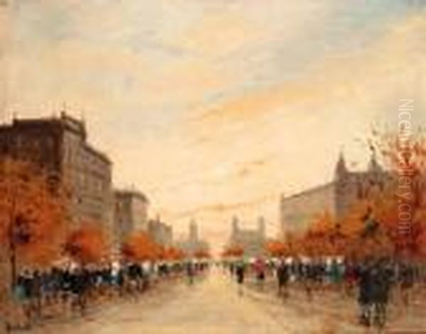 A Busy Street Oil Painting by Antal Berkes