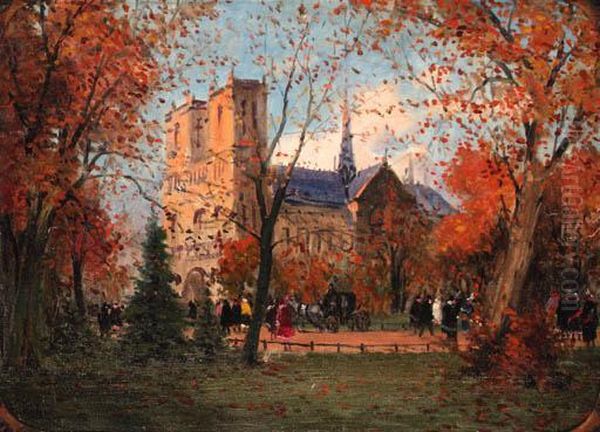 Figures Before Notre Dame, Paris Oil Painting by Antal Berkes