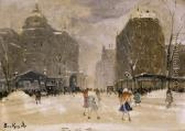 Budapest In Winter Oil Painting by Antal Berkes