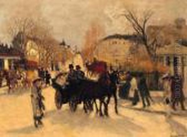 Figures In A Continental Street Oil Painting by Antal Berkes