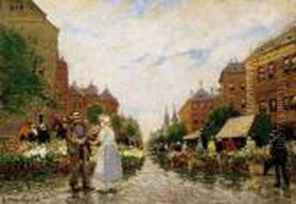 The Flower Market In Hague Oil Painting by Antal Berkes