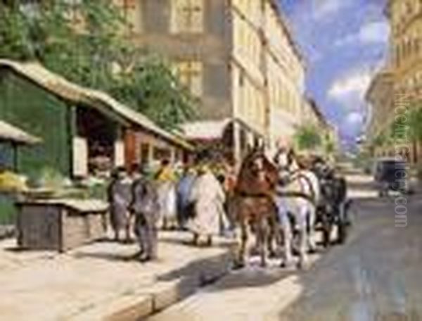 Horse Cab In Front Of The Flower Market Oil Painting by Antal Berkes