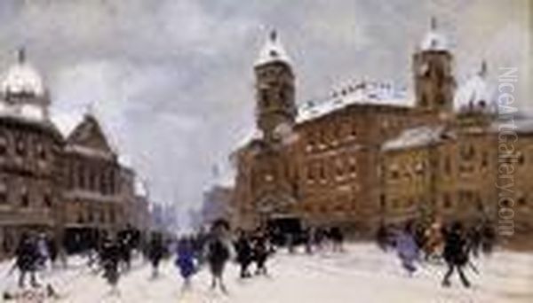 Winter Street Scene Oil Painting by Antal Berkes